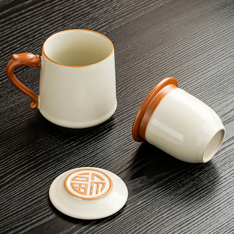 煌山汝窑办公杯高档个人专用带盖过滤茶水分离马克杯大容量泡茶杯