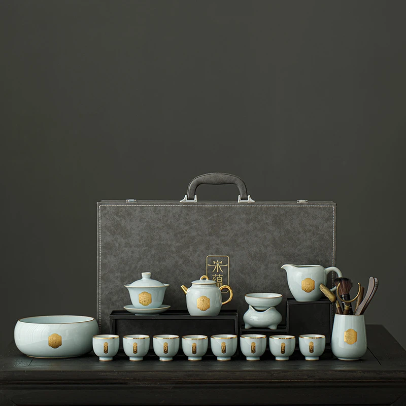 煌山宋蕴高端汝窑功夫茶具套装家用轻奢鎏金泡茶具茶壶茶杯一整套