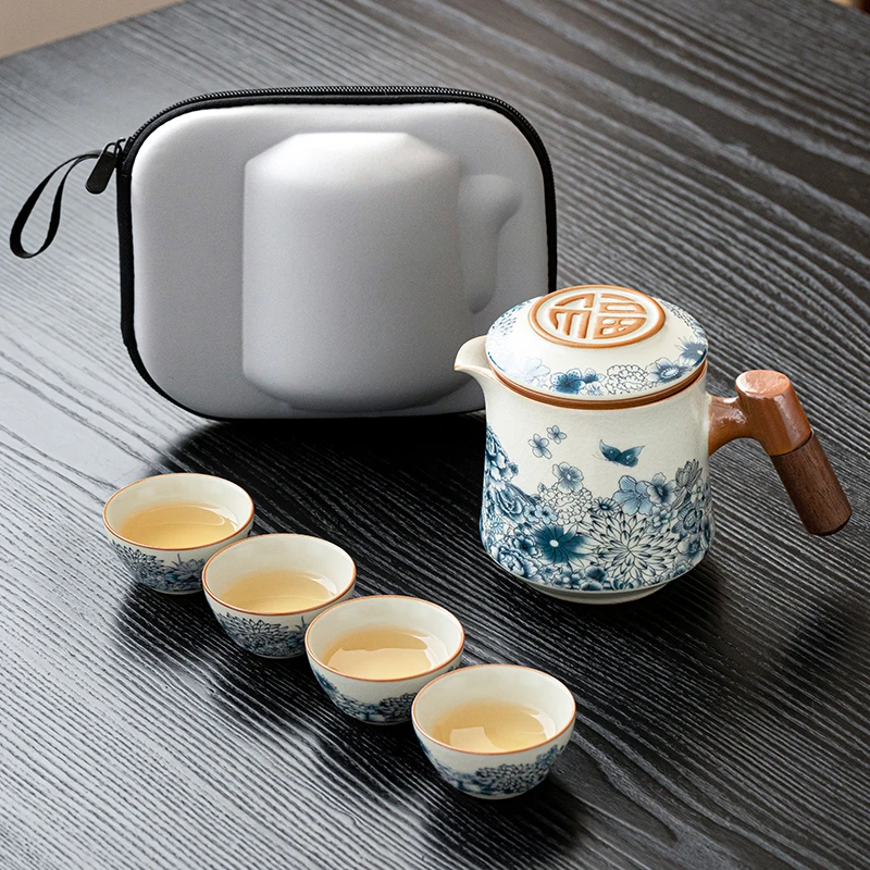 煌山汝窑金万花便携式旅行茶具套装户外露营随身泡茶快客杯喝茶具