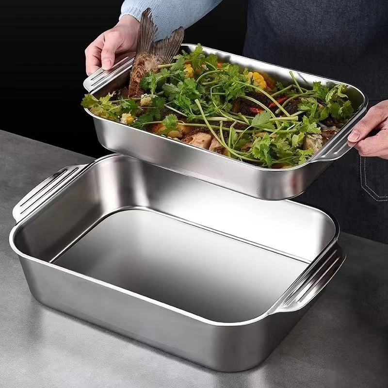 加厚不锈钢烤鱼盘长方形家用电磁炉专用平底托盘商用烤鱼炉深盘子