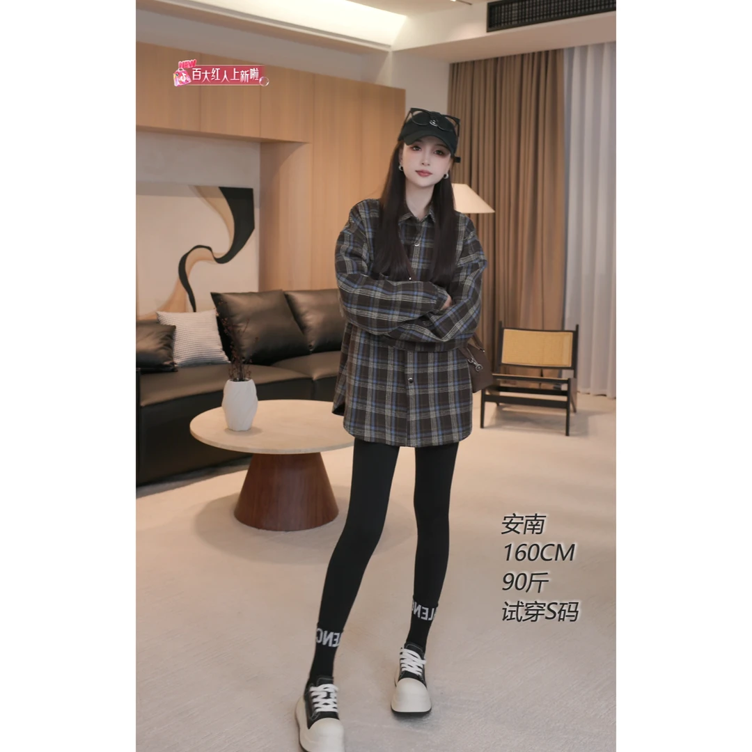 【宅女日记】B10721秋冬新款宽松时尚复古拼色格子加绒衬衣外套