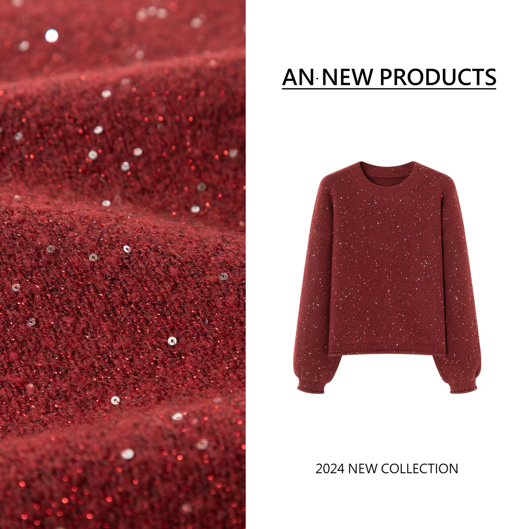 B12040冬季新款时尚宽松复古氛围感亮片红色套头针织毛衣
