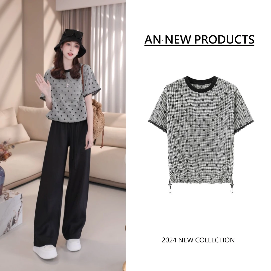 B5307夏季新款时尚减龄设计感下摆抽绳休闲波点T恤百搭上衣