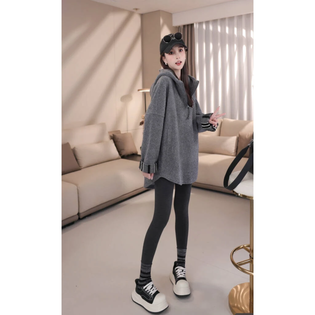 【桃夕奶恋】B90289秋冬新款时尚宽松拼接袖口洋气半拉链连帽卫衣