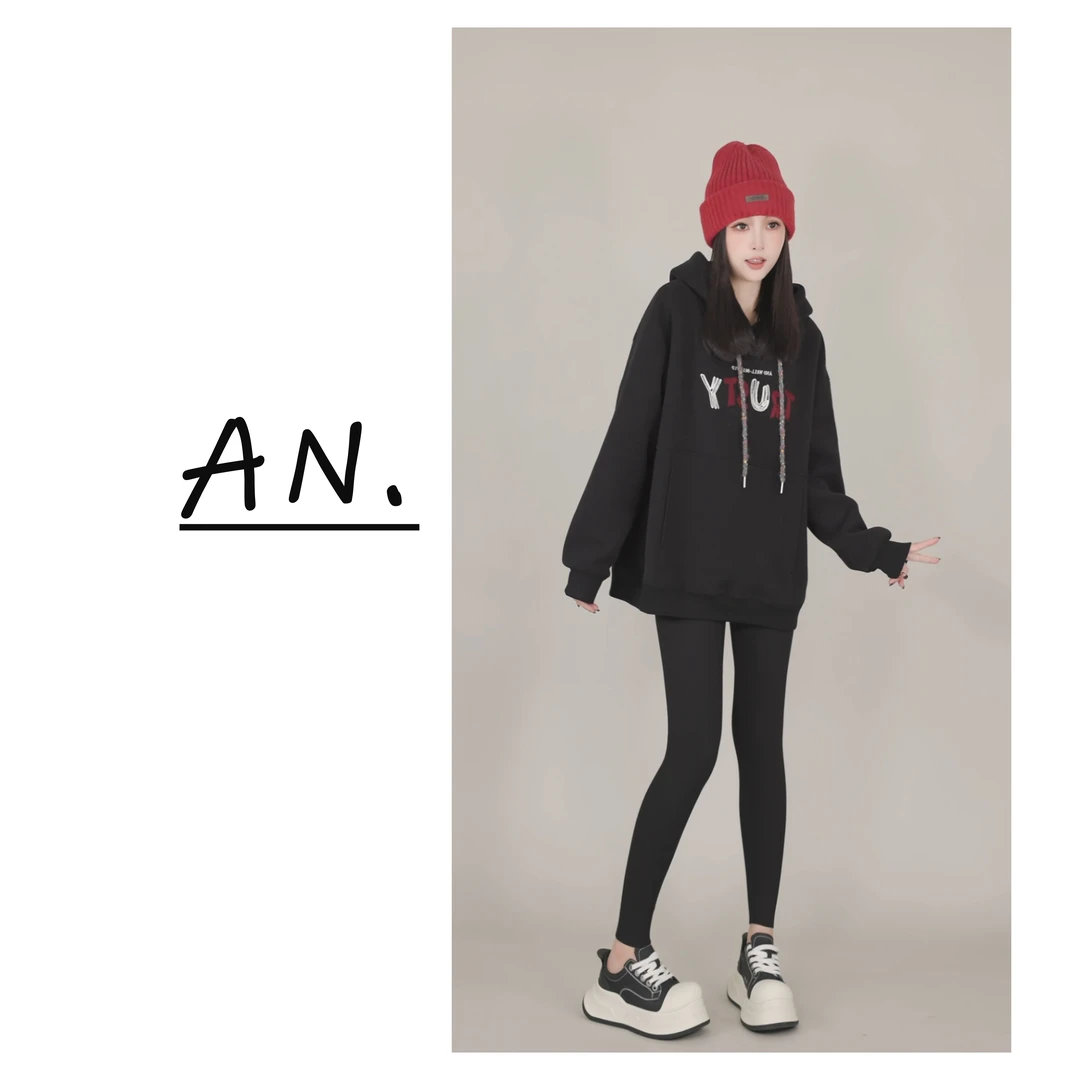 【悉尼日记】B11121冬季新款时尚设计感拼色字母加绒休闲连帽卫衣