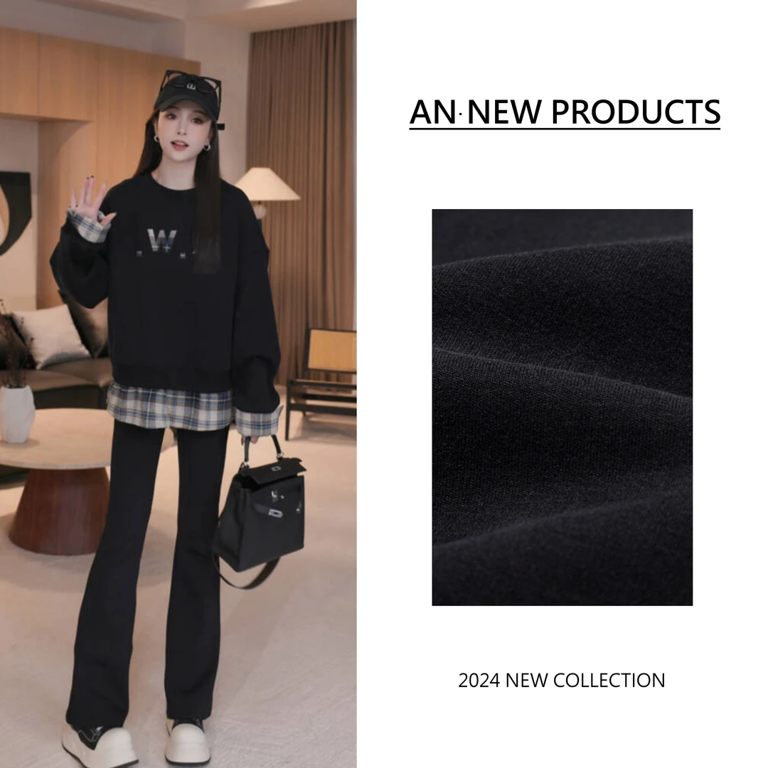 【梨泰旧梦】B10854冬季新款时尚设计感拼接格子假两件加绒字母卫衣