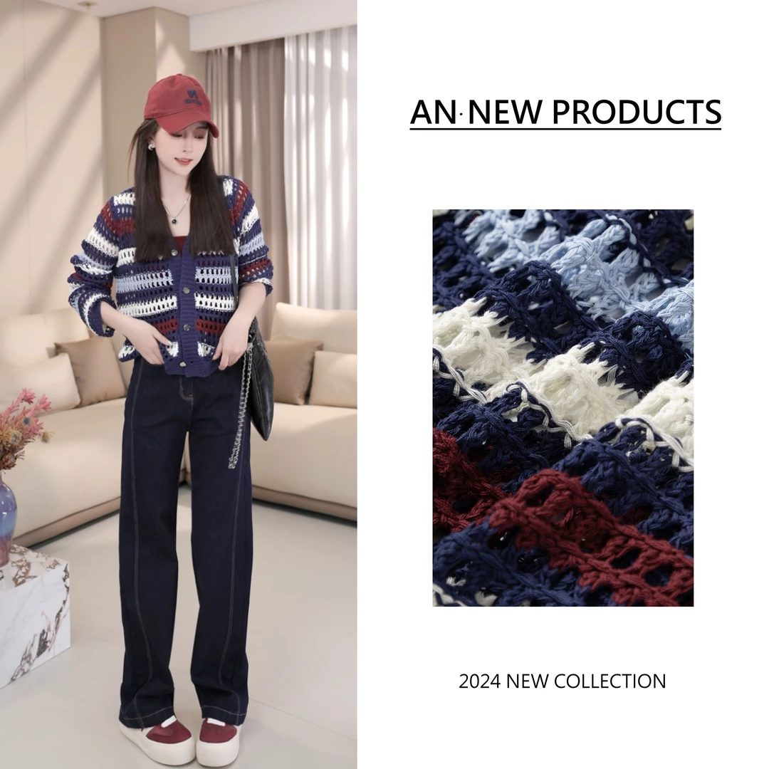 【自在如秋风】B8056秋季新款宽松复古撞色条纹镂空V领针织毛衣