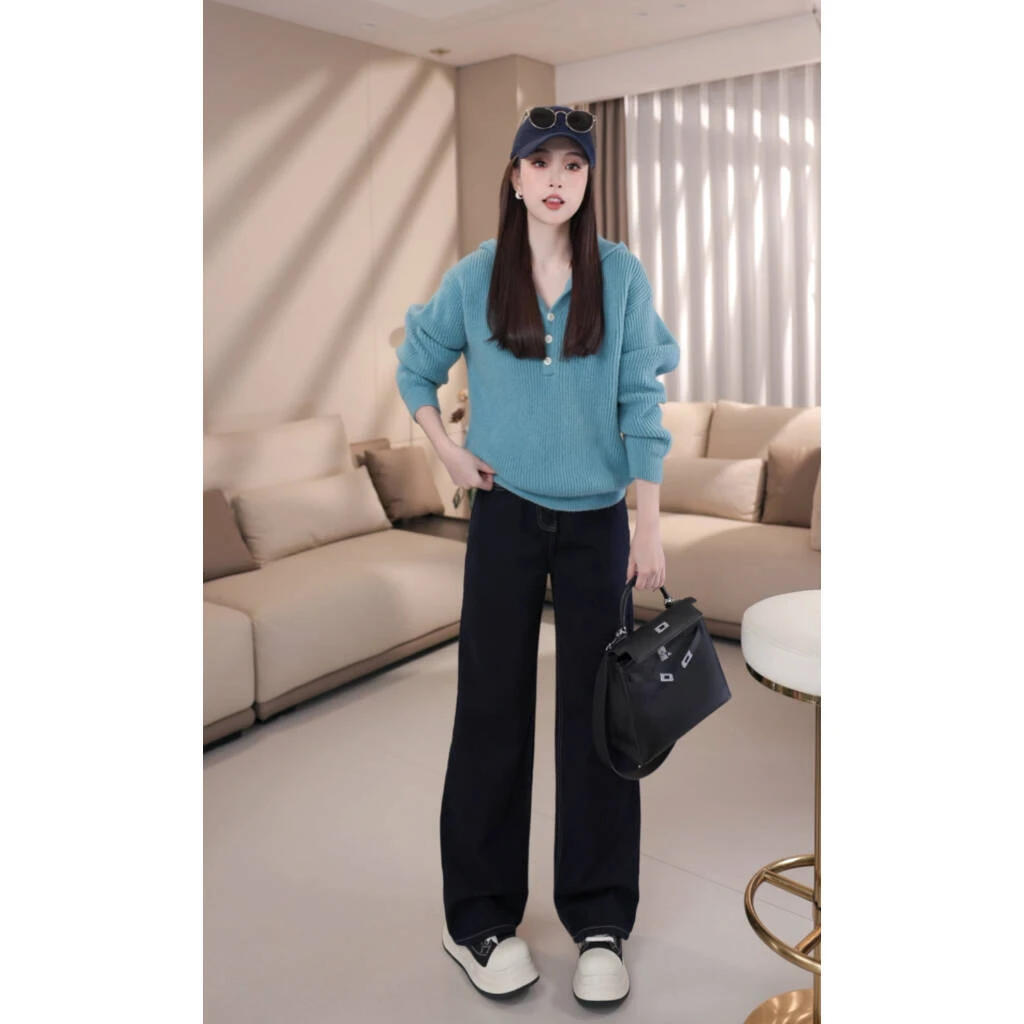 【秋栀蓝风铃】B10615秋冬新款时尚宽松减龄简约纯色套头连帽毛衣