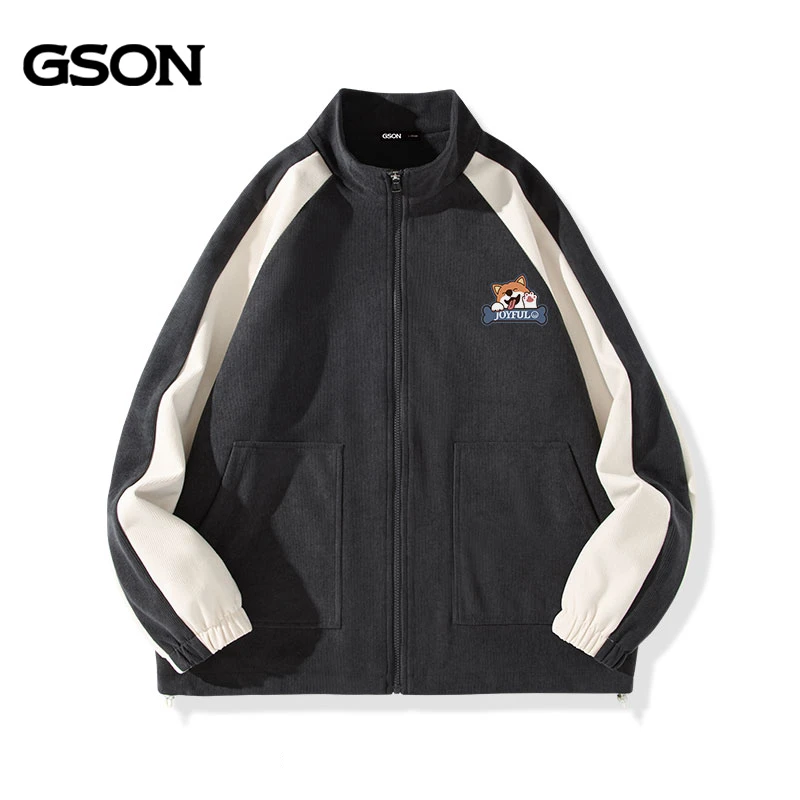 GSON春秋季外套男款学生日系复古拼色宽松上衣夹克男拼接撞色外套
