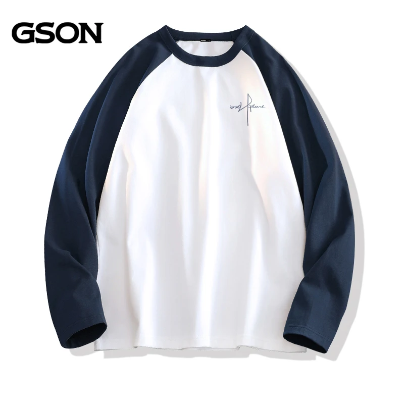 GSON青少年长袖t恤男秋季简约百搭宽松全棉高中生撞色插痞帅男装