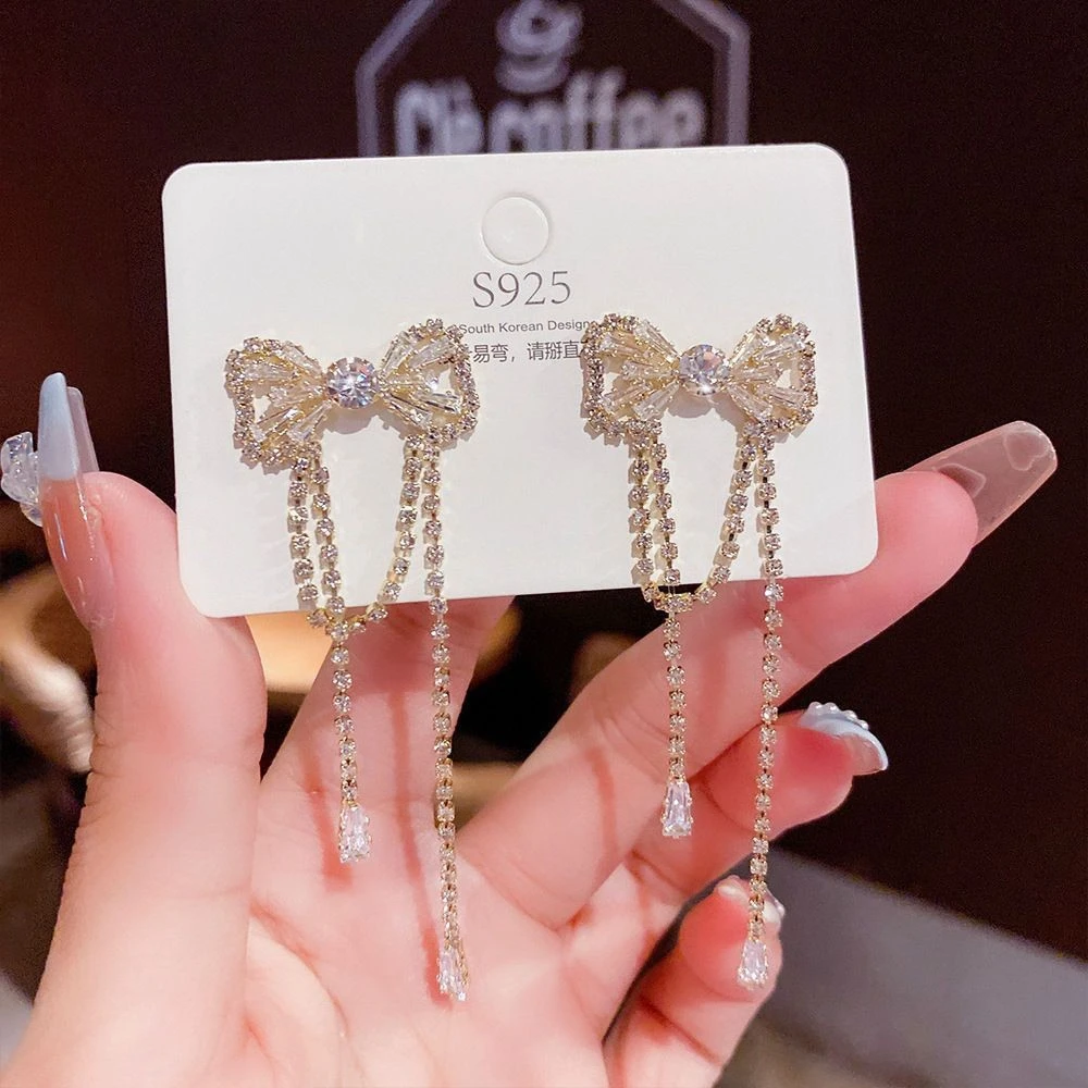 铜合金合成锆石耳饰 简约气质蝴蝶结耳环W18流苏长款精致超仙耳钉