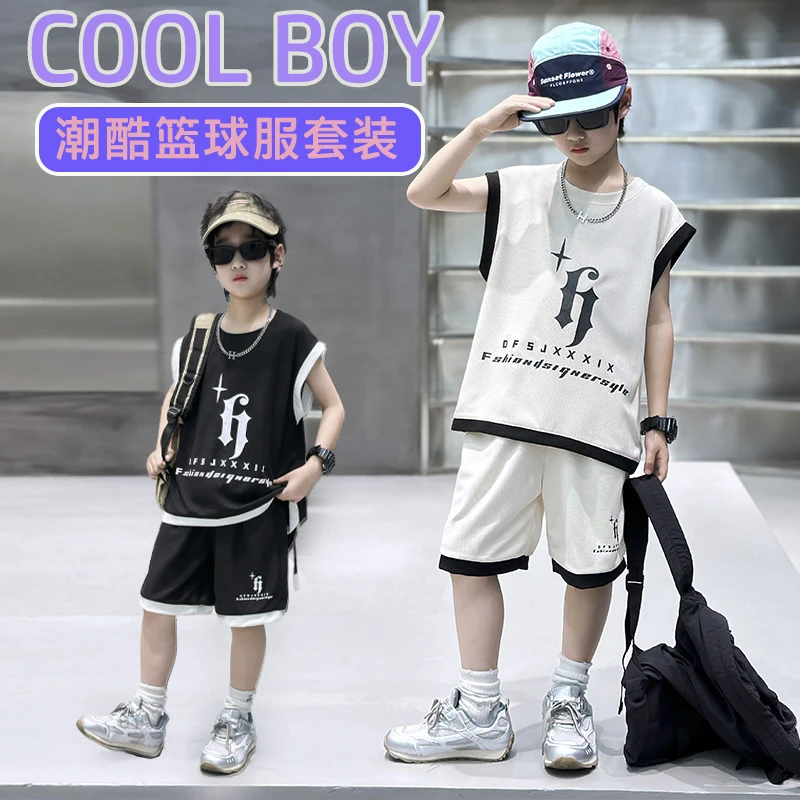 中大童夏季无袖套装男童休闲运动篮球服儿童潮酷T恤速干两件套