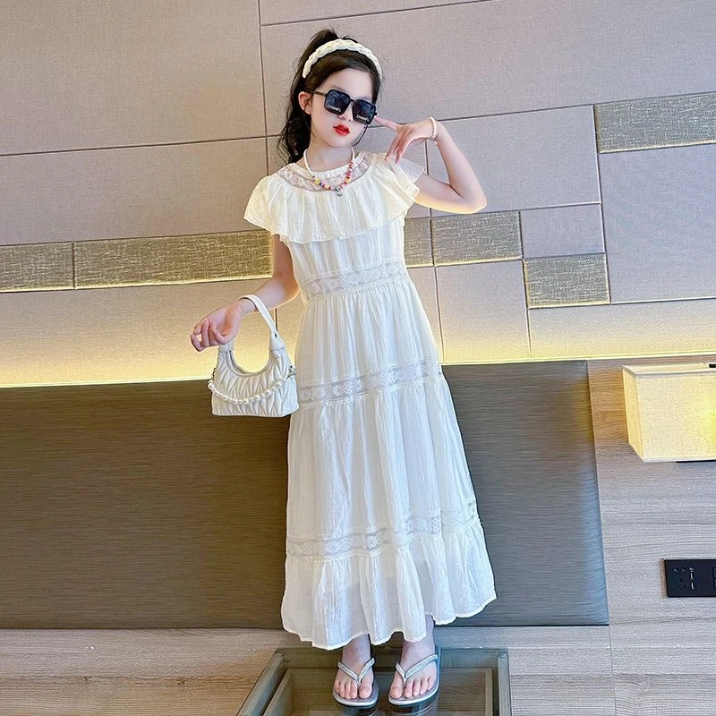 2025夏季新款女童白色儿童连衣裙高级感大童女装海边裙子女孩夏装