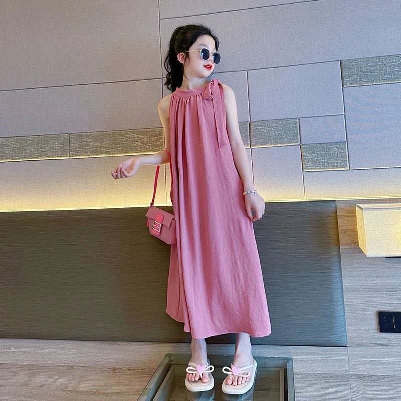 2025夏季新款女童韩范甜美连衣裙无袖沙滩裙挂脖长裙儿童粉色裙子