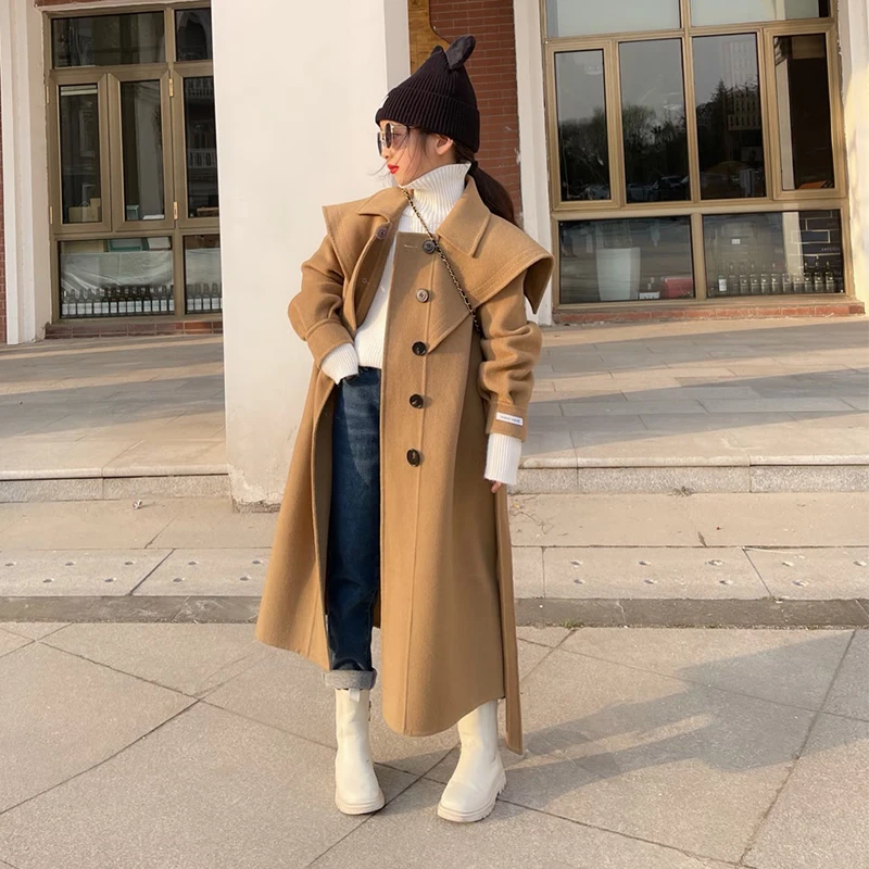 女童大衣秋冬2023新款春秋季女大童洋气韩版毛呢儿童长版呢子外套