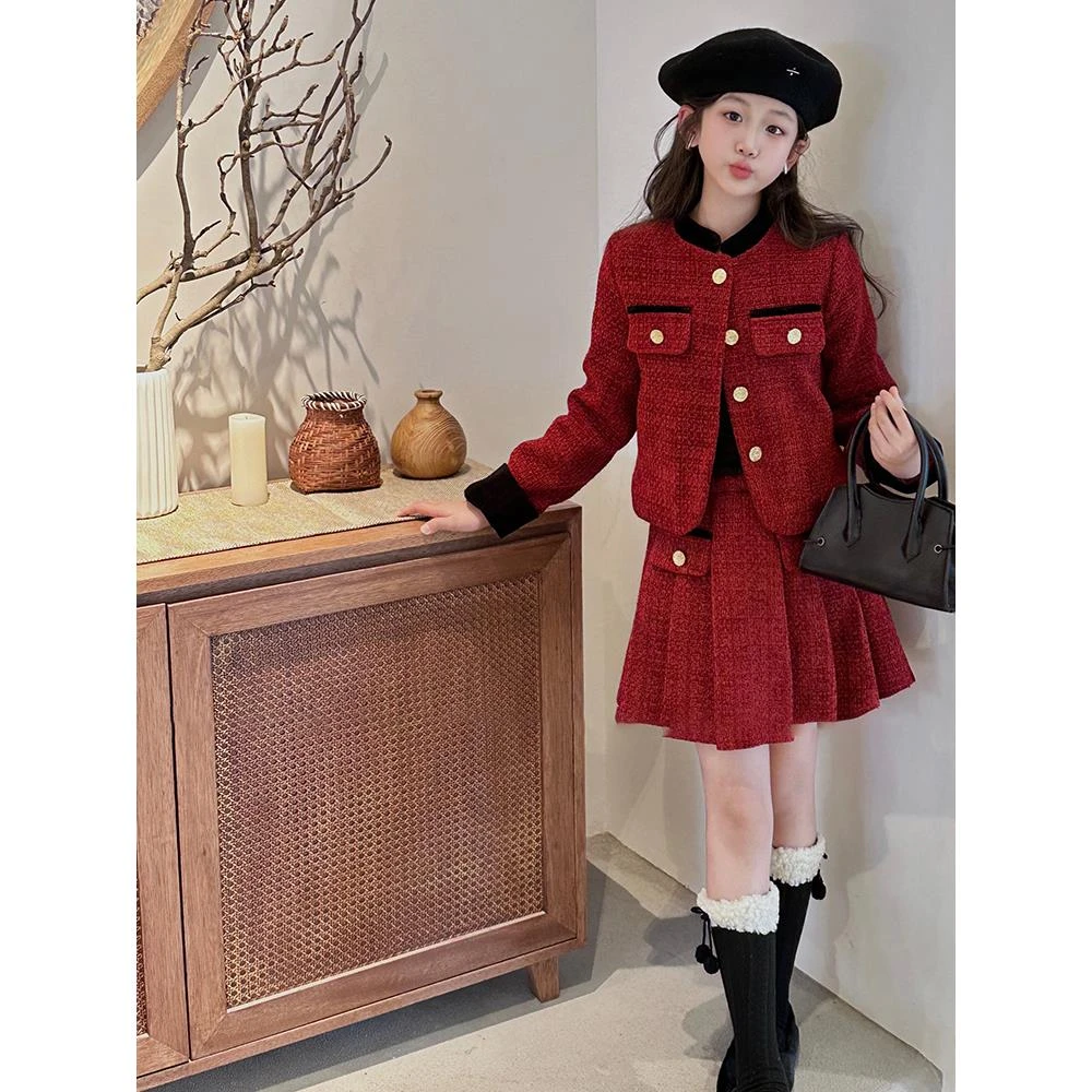 女童小香风套装秋冬过年服2023新款大儿童红色连衣裙气质裙子冬装