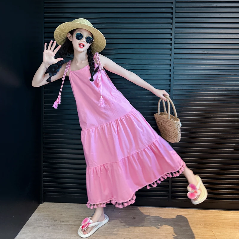 大童女装夏季多巴胺连衣裙2025新款儿童粉色吊带裙女童夏装沙滩裙