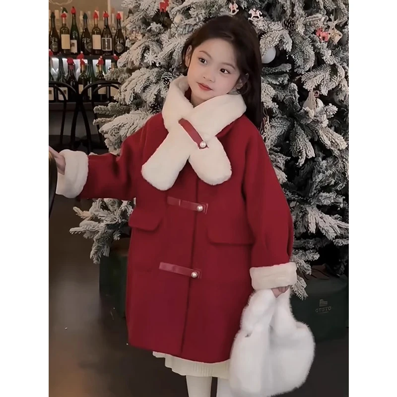 红色外套女童冬季2023新款儿童过年拜年服女大童冬装加厚毛呢大衣