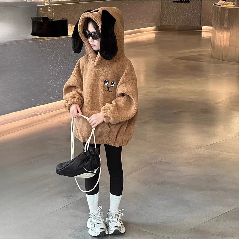 女童毛毛衣秋冬季2024新款加绒加厚连帽卫衣女孩冬装帽衫韩版外套