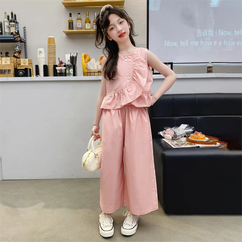 女童夏装套装2024新款中大童甜美休闲荷叶边无袖阔腿裤两件女孩