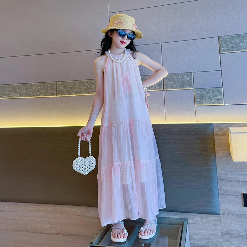女童无袖挂脖连衣裙夏季2025新款儿童夏装粉色度假风长裙大童裙子