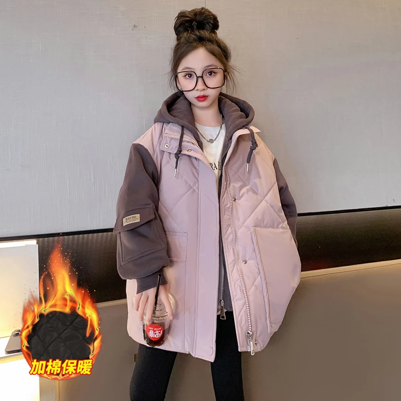 女童棉衣外套2023新款洋气冬装大童假两件棉袄儿童装加厚时尚棉服