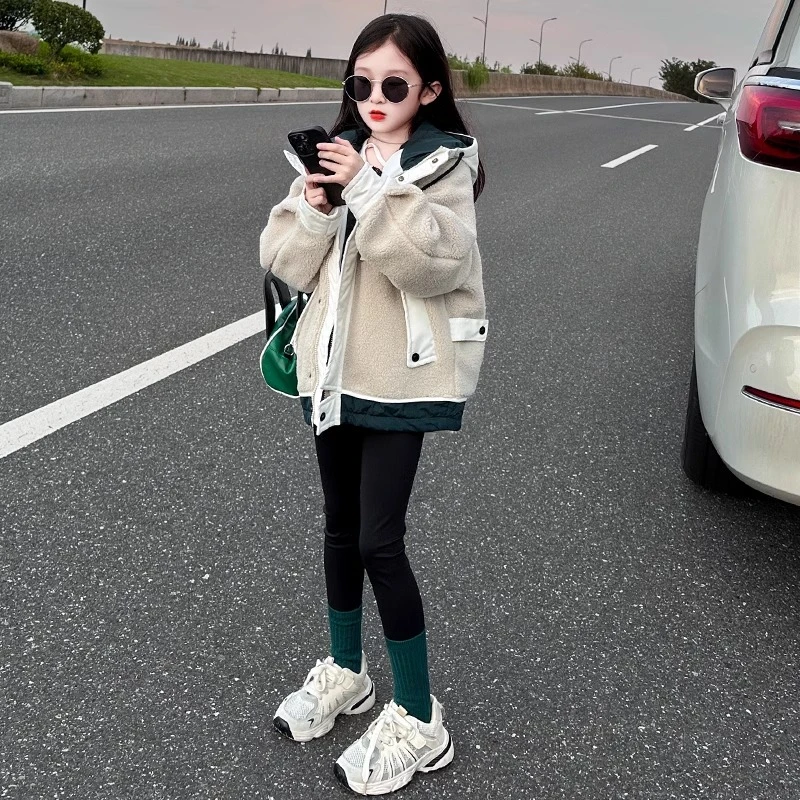 女童毛毛衣外套秋冬装2024新款儿童大童韩版宽松加棉加厚连帽上衣