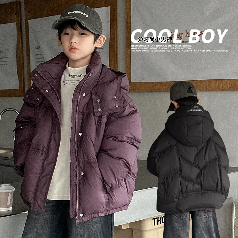 【实体品质】男童2025冬季新款中大童时尚纯色方块形白鸭绒羽绒服潮