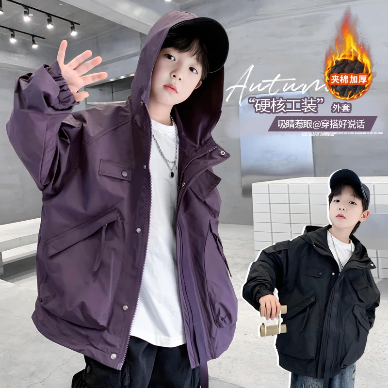 【网红爆款】男童2024秋冬季新款5-12岁潮童酷帅夹棉加厚冲锋衣外套
