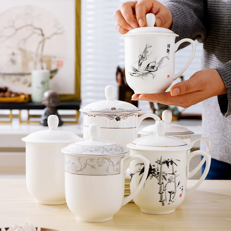 骨瓷带盖办公杯中式盖杯会议杯水墨风家用水杯酒店商务瓷杯子