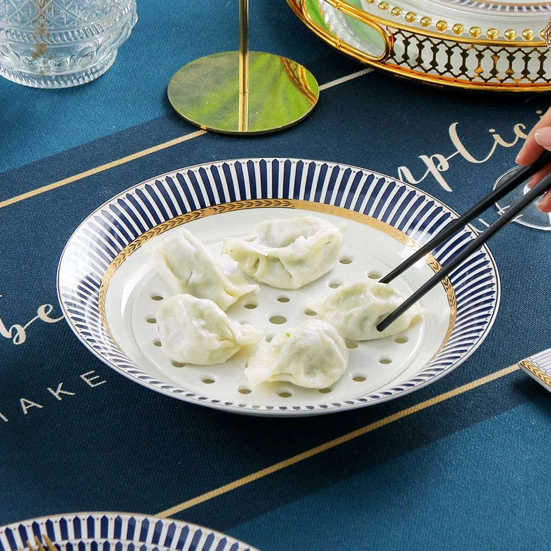 欧式骨瓷轻奢装饺子盘子家用沥水双层盘8/10英寸大号吃饺子水饺