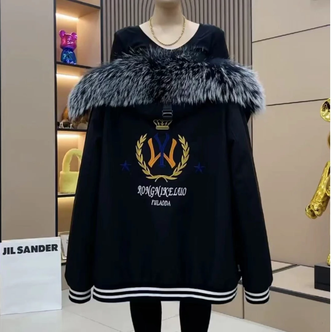 梦玫蒂男士刺绣整皮兔毛夹克派克服外套连帽男款秋冬保暖时尚冬季