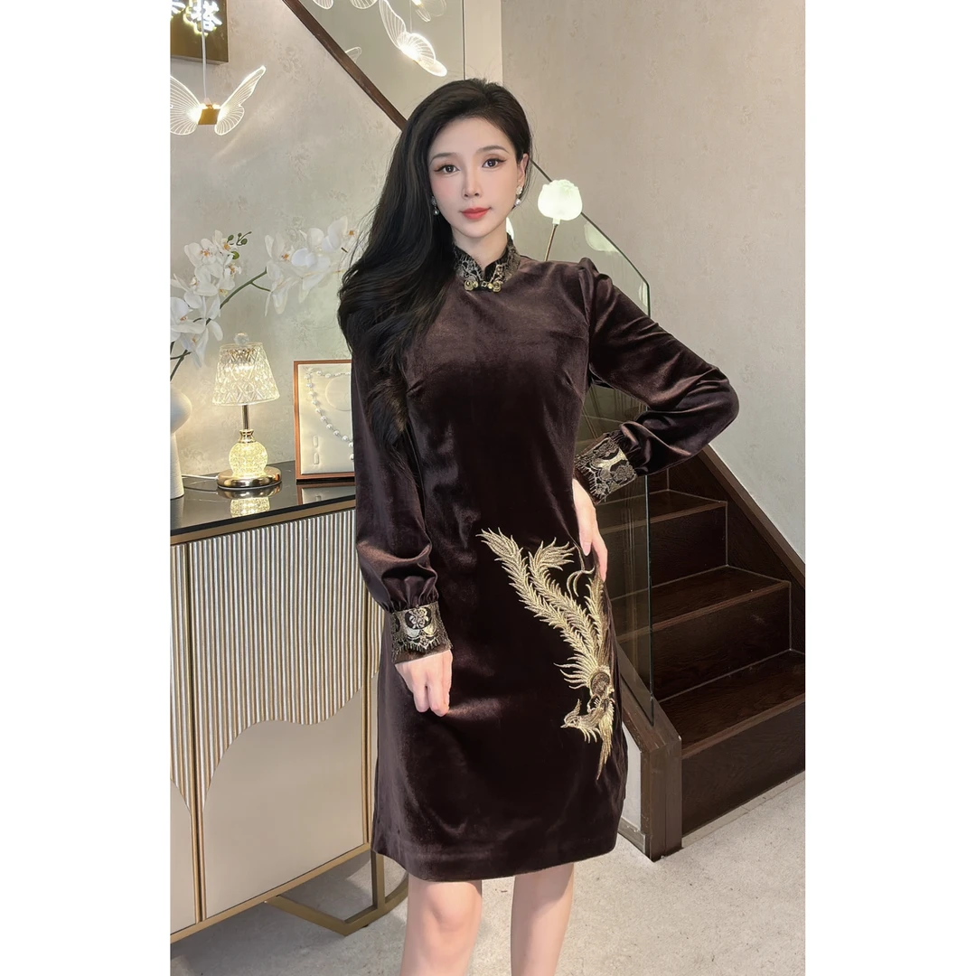 YUANBAO新国风改良丝绒长袖高端新中式长袖中国风气质女装连衣裙