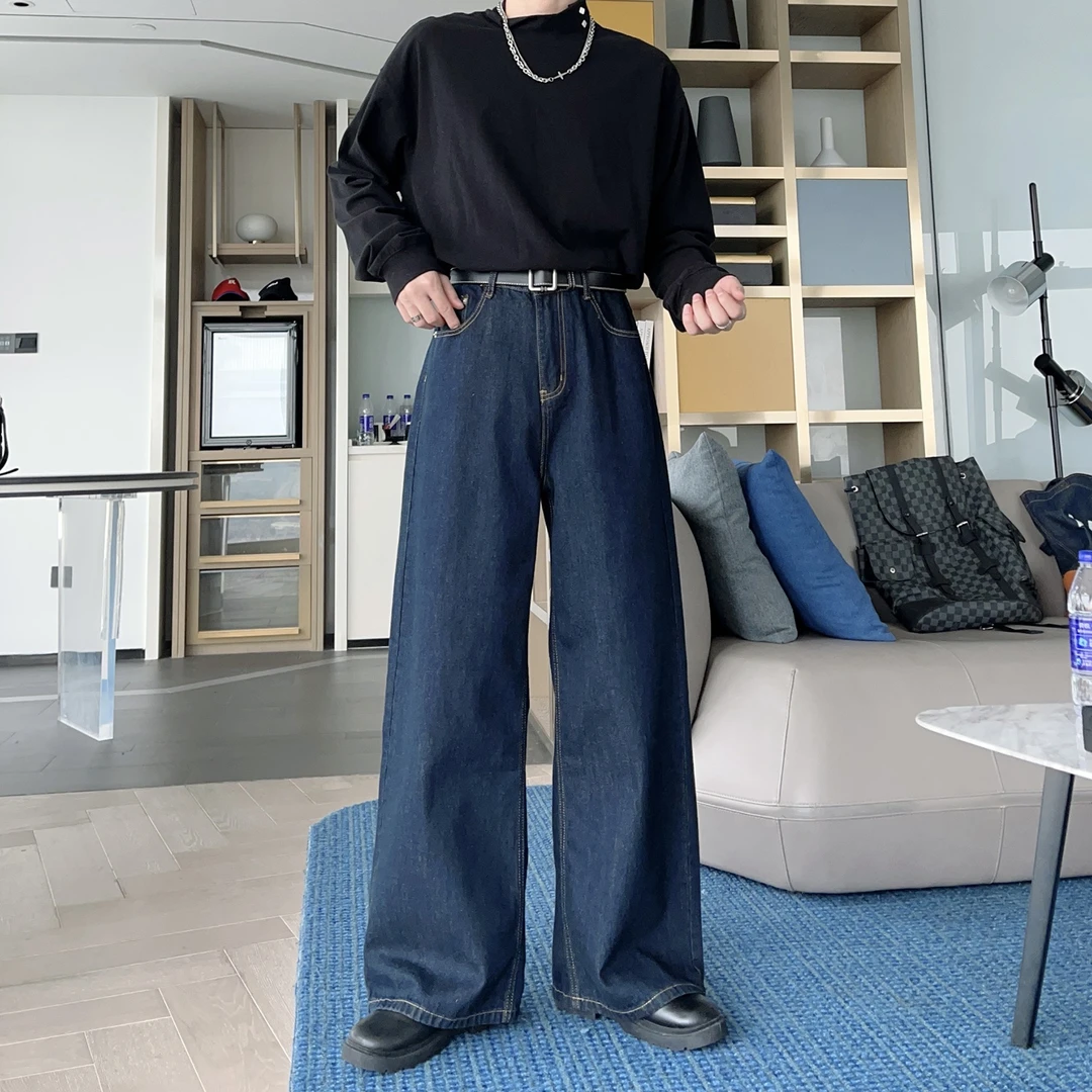 秋冬复古深蓝色原牛牛仔裤阔腿宽松男直筒百搭休闲潮牌拖地长裤子