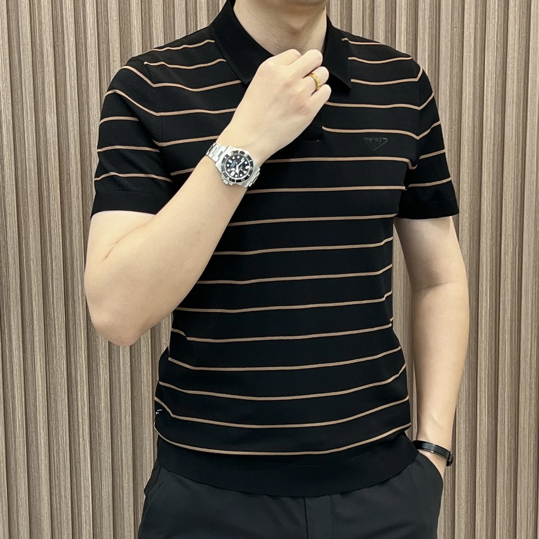 中年男士POLO衫针织短袖商务休闲百搭夏季透气修身条纹时尚高品质