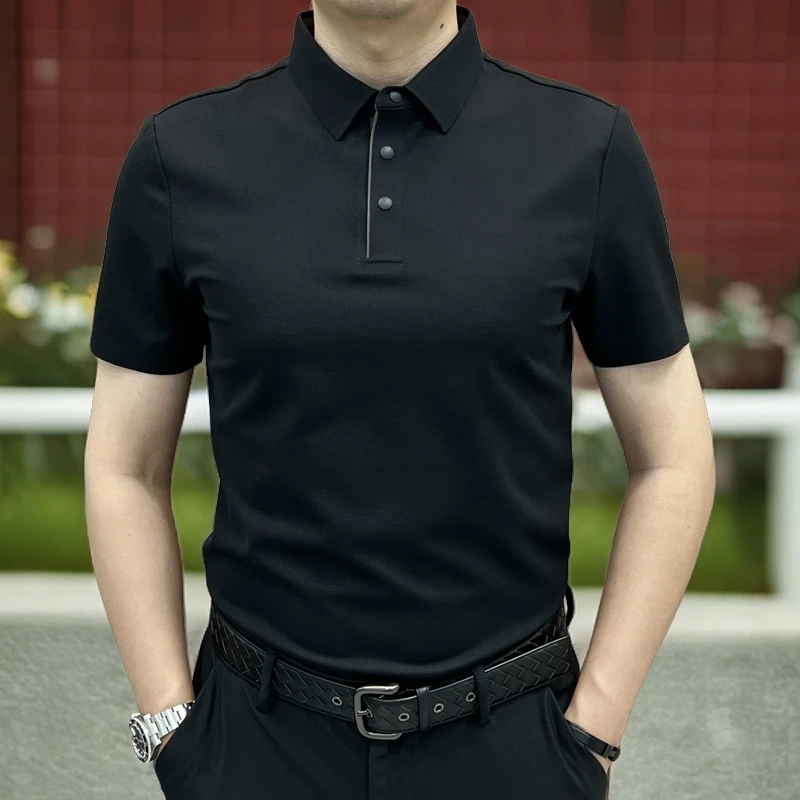 轻奢华夫格商务翻领POLO衫男士休闲通勤百搭拼色领口经典时尚上衣