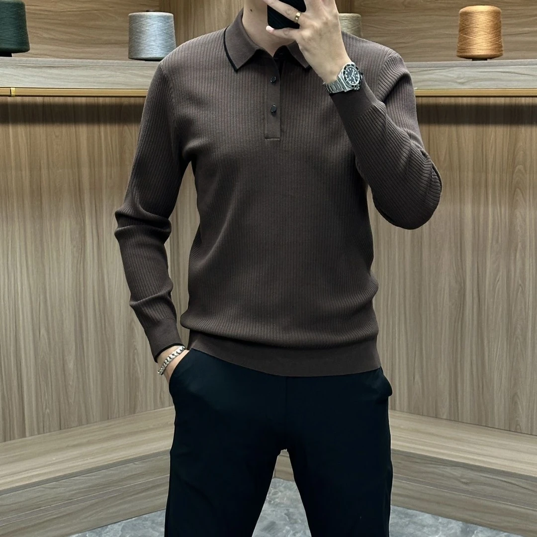 2025秋冬男士高档长袖翻领针织衫毛衣时尚轻奢商务休闲百搭polo衫