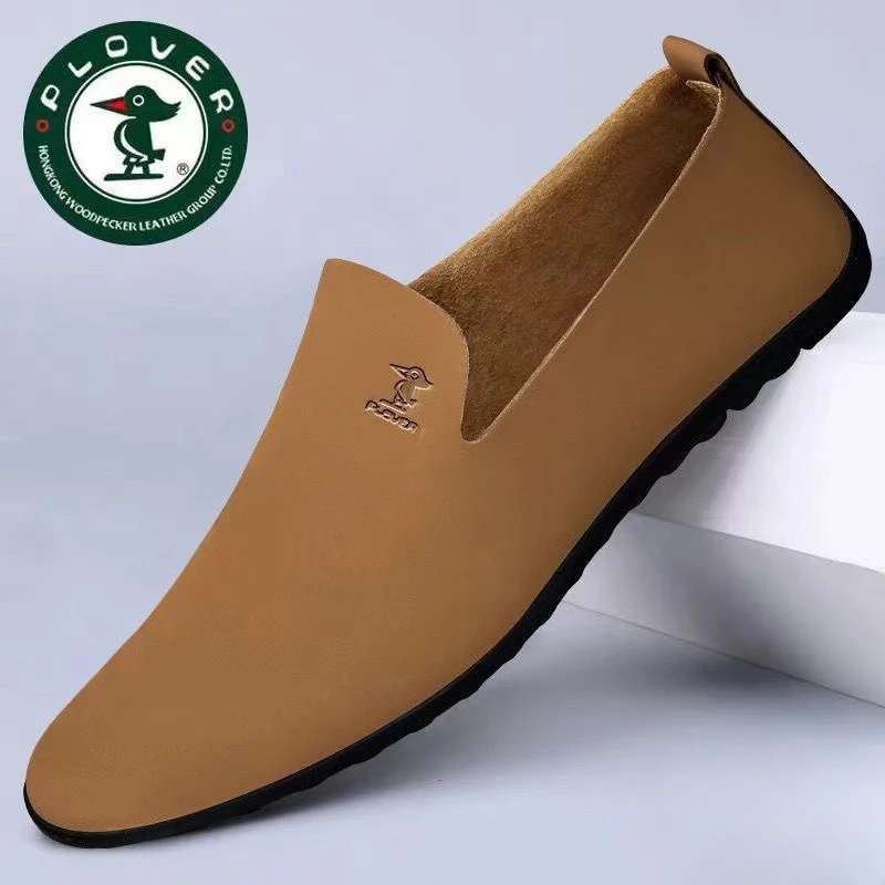 PLOVER冬季男士百搭软皮软底皮鞋真皮豆豆鞋一脚蹬透气防滑爸爸鞋