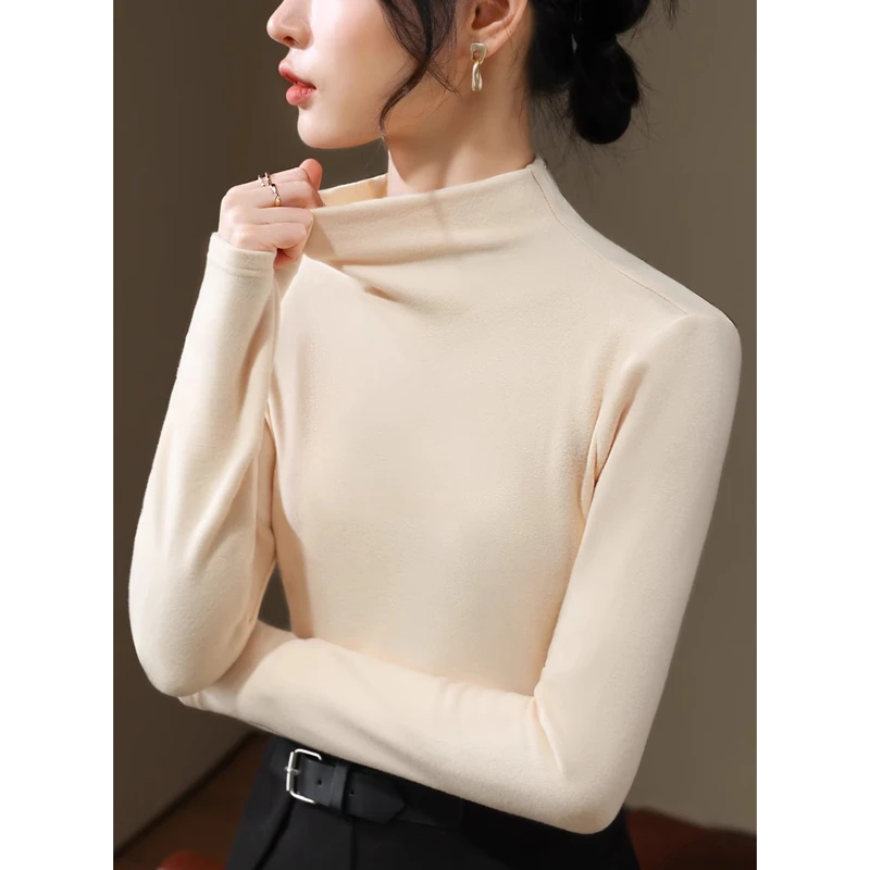 加绒加厚半高领德绒打底衫女内搭秋冬季2023新款时髦洋气保暖上衣