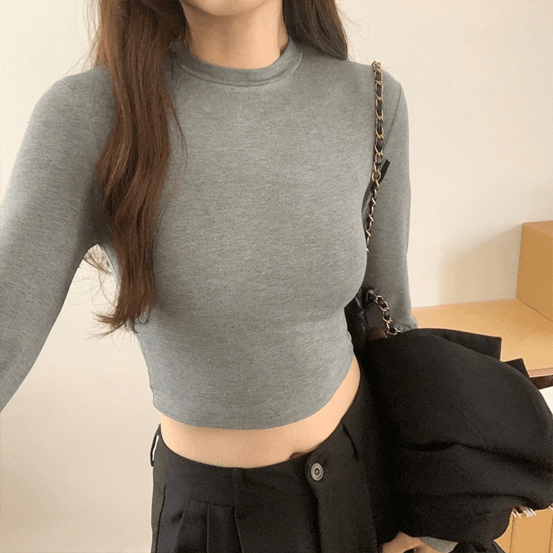 辣妹短款长袖t恤女春秋正肩高腰露脐内搭打底衫紧身修身百搭上衣