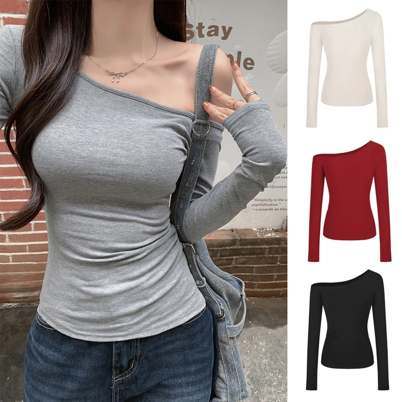 辣妹不规则斜肩褶皱长袖T恤女早秋季修身显瘦气质百搭打底衫上衣