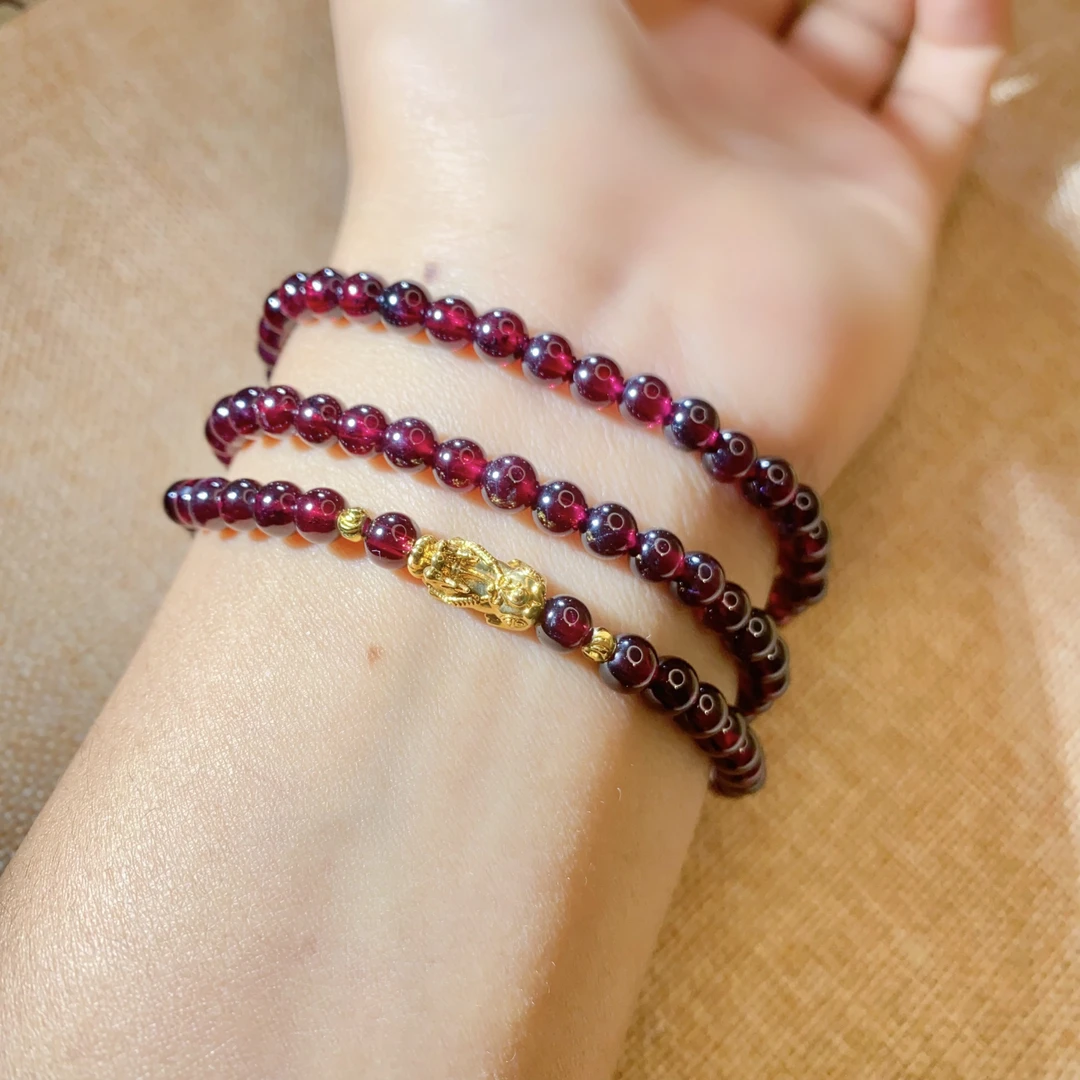 银时空卡5三圈天然石榴石配18k金貔貅时尚手链气质精美手链女款