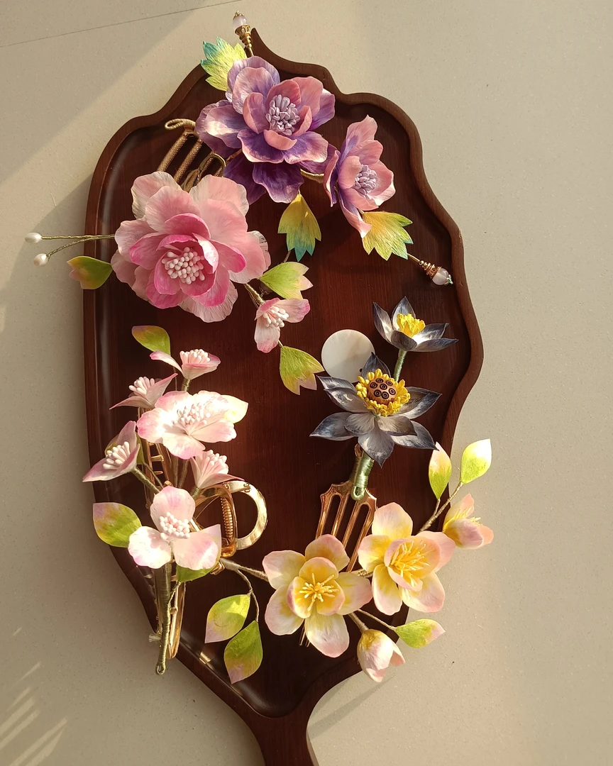 捞月郎原创粉紫色水墨色荷花绒花发簪