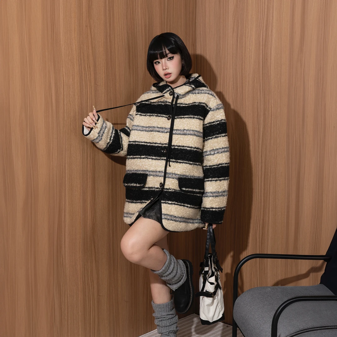 YEP复古条纹连帽棉服女冬季绗棉棉衣宽松2025新款保暖夹棉外套潮