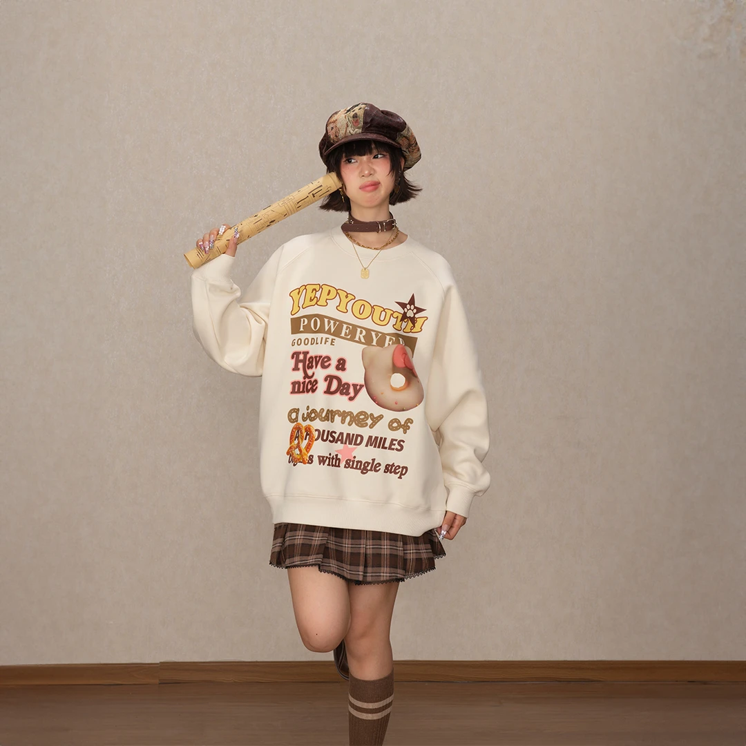 YEP复古印花园领卫衣女春秋新款美式插肩袖宽松套头无帽上衣9632