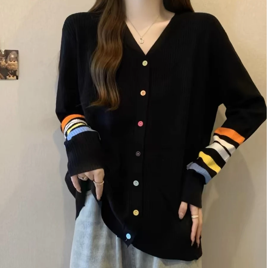 彩色条纹V领针织衫秋冬新款毛衣开衫胖mm洋气大码上衣外穿打底