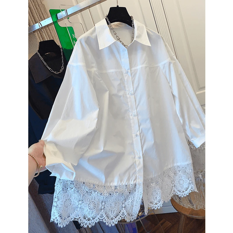 长袖衬衫女2025春秋新款胖妹妹设计感小众蕾丝拼接上衣衬衣高级感