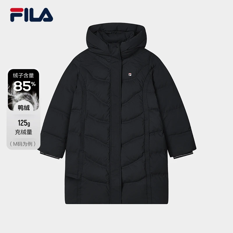 FILA斐乐女士绒感波浪纹中长羽绒服冬优雅保暖外套F11W341910F