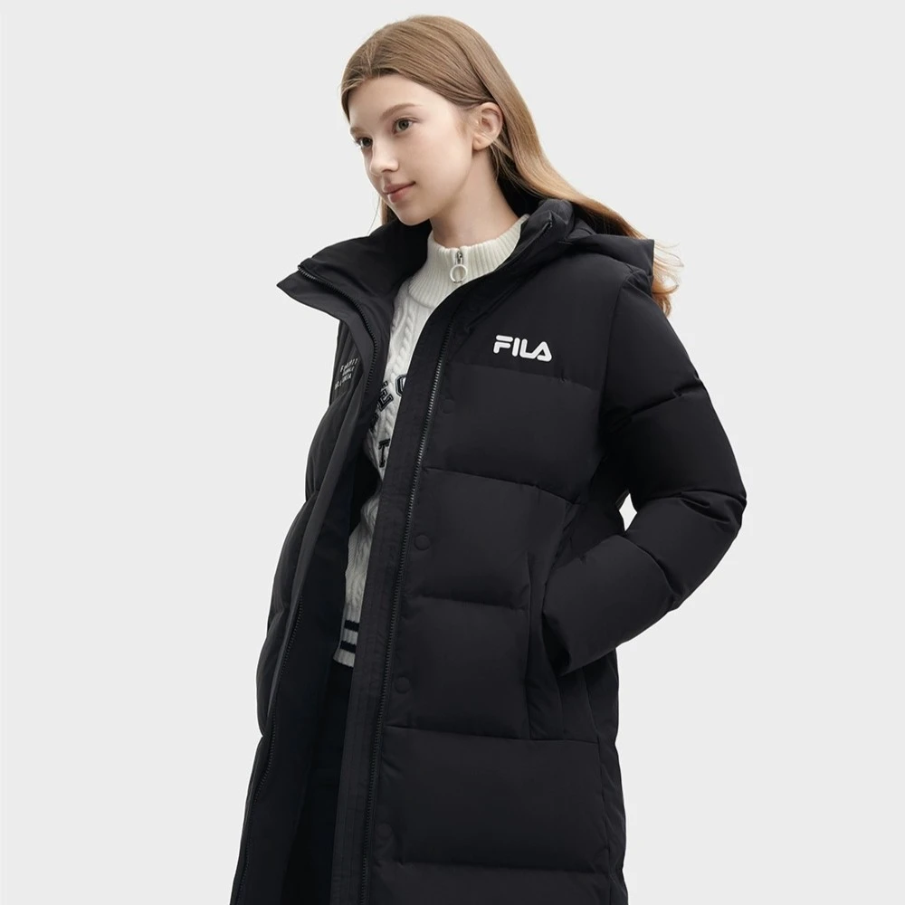 FILA斐乐长款防寒羽绒服冬季新款休闲简约连帽加厚外套户外中长款