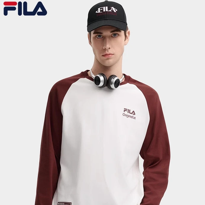 FILA 斐乐官方男子针织长袖T恤衫春季新款插肩纯棉宽松干爽长